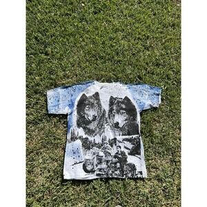 Vintage Accord Two Wolves Bikers Landscape All Over Print T-Shirt Mens L Ivory